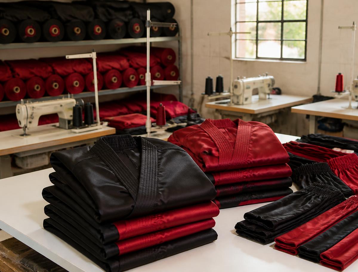 Interior da confecção com rolos de tecido, máquinas industriais e uniformes dobrados
